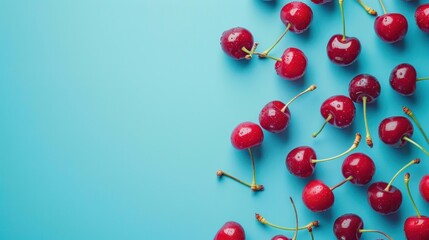 Obraz premium Red cherries on a blue background.