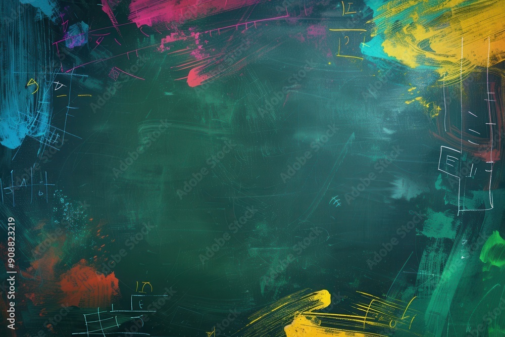 Poster Vibrant brushstrokes of various colors are artfully spread across a dark green chalkboard in a creative classroom setting. Generative AI