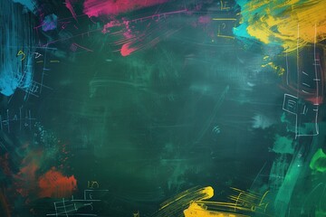 Vibrant brushstrokes of various colors are artfully spread across a dark green chalkboard in a creative classroom setting. Generative AI