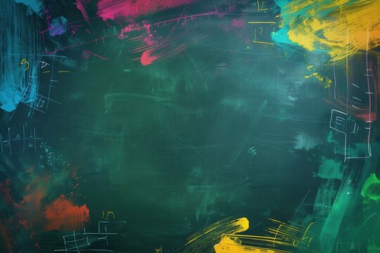 Vibrant brushstrokes of various colors are artfully spread across a dark green chalkboard in a creative classroom setting. Generative AI