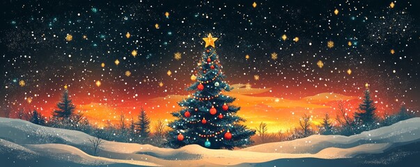 A beautiful Christmas tree adorned with colorful ornaments, set against a glowing sunset and falling snowflakes.