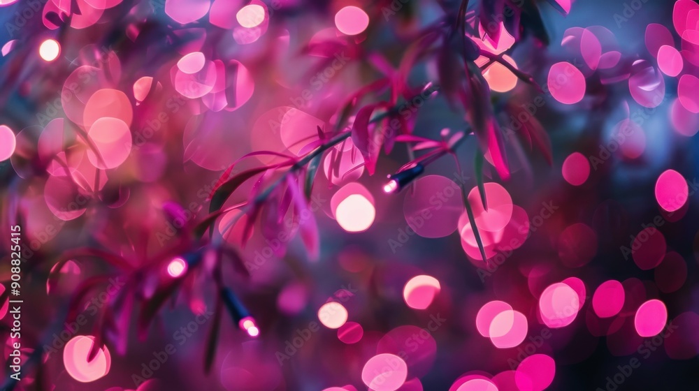 Aufkleber bright pink lights create a mesmerizing bokeh effect, blending beautifully with leafy branches in a 