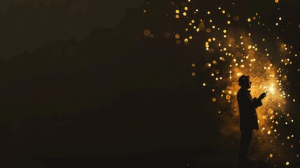 Fototapeta premium Silhouette of a person holding a sparkler, with glowing lights and bokeh.