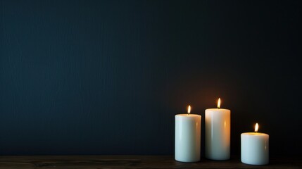 Three burning candles on a wooden surface with a dark background.