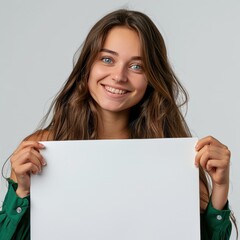 Naklejka premium Smiling Woman Holding Blank White Paper In Front Of Grey Background
