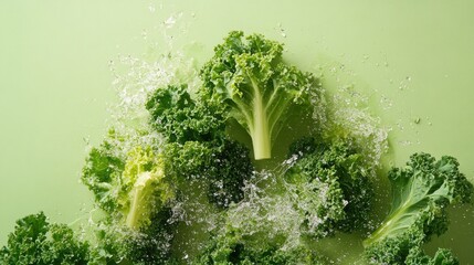 Fresh green kale leaves with water splash on light green background.