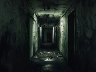 Abandoned Dimly Lit Corridor with Peeling Paint and Mold, Eerie Atmosphere of Neglect, Worn Flooring and Debris, Perfect for Creepy, Haunted, or Urban Exploration