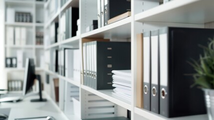 Close-up of organized office shelves filled with documents and binders in a minimalist office space. Simplicity and organization of the workspace in bright lighting