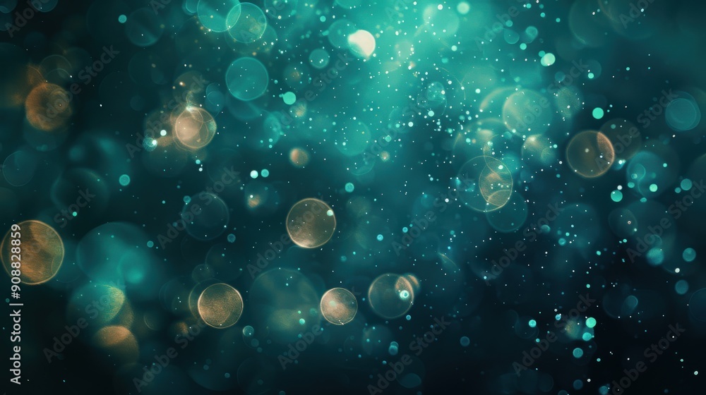 Poster teal lights form a captivating bokeh effect, creating a dreamy backdrop filled with shimmering orbs 