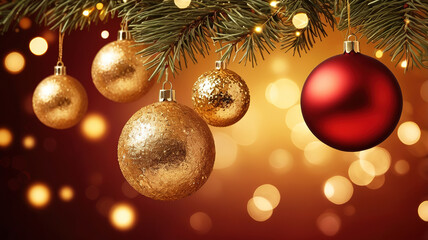 Christmas golden balls with tree and garland lights glow background