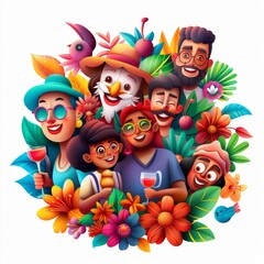 Colorful illustration of a diverse group of happy people surrounded by tropical flowers and vibrant nature.