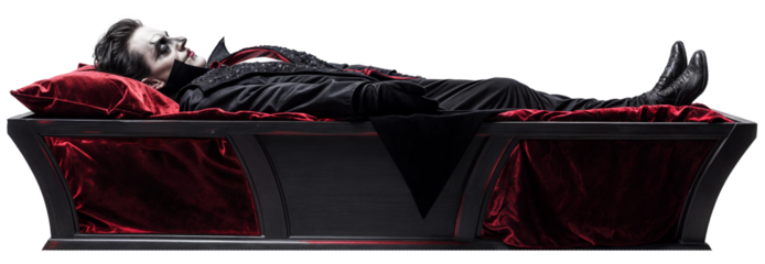 Gothic Vampire in Traditional Costume Lying in an Ornate Coffin with Red Velvet Lining on Transparent Background