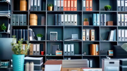 Close-up of organized office shelves filled with documents and binders in a minimalist office space. The photo should emphasize the simplicity and organization of the workspace