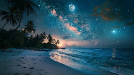 Beautiful fantasy tropical beach with milky way stars in the night sky, full moon - retro style artwork with vintage tones.