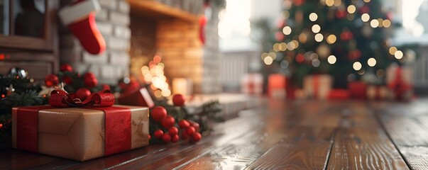 Christmas background with fireplace, decorated tree, and wrapped presents in cozy living room
