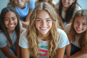 Fototapeta premium Group Of First Year Students, Happy Multiethnic Young People And Smiling At Camera