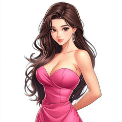 Fototapeta premium An elegant early education teacher in a swaying pink dress, radiates warmth with her caring eyes and sweet smile.