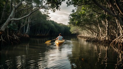 A lone kayaker glides through a serene mangrove forest, highlighting the tranquility and beauty of nature, suitable for travel brochures and adventure-themed content.