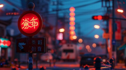 China city photography, street signs, night, red lights, C4D, blender, octane rendering, animated lighting, cartoon style, clay material, telephoto, facing forward