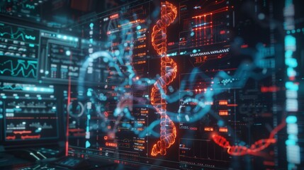 Photo of holographic screen of computer science, DNA data analysis, body research, futuristic background, DNA infographic, medical scan, health technology, 3D digital medicine.