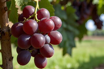 Fresh, organic red grapes with a blurred green garden background