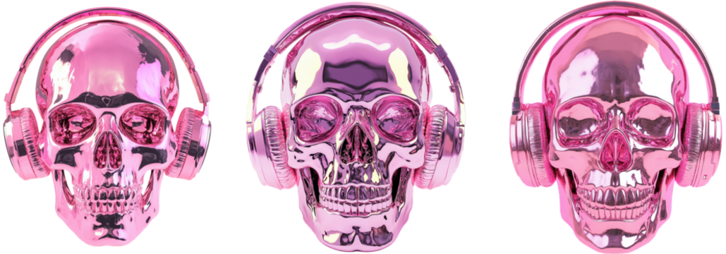 Shiny pink skulls with headphones create a unique blend of modern style and edgy aesthetics. Perfect for music lovers and art enthusiasts seeking a bold statement piece
