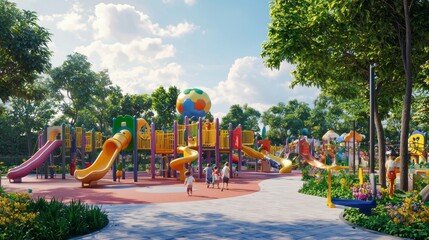 3D Cute Lively Playground with Children Playing - Stock Image