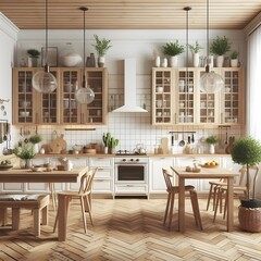 Modern Kitchen with Wooden Cabinets and Herringbone Flooring