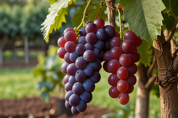 Fresh, organic red grapes with a blurred green garden background