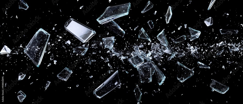 Poster an intense image of shattered glass pieces exploding in various directions against a black backgroun