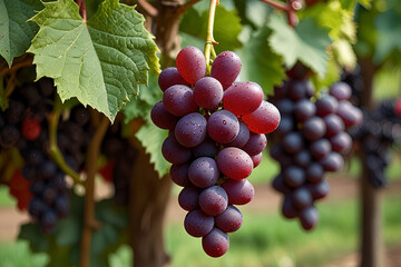 Fresh, organic red grapes with a blurred green garden background