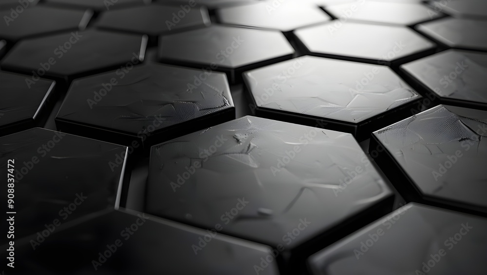 Poster 3d render of black hexagon tiles with light coming from the right side.