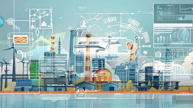 A city skyline with a lot of factories and windmills. Concept of a modern industrial city with a focus on renewable energy