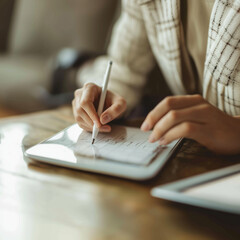 Fototapeta premium person writing on a notebook managing financial