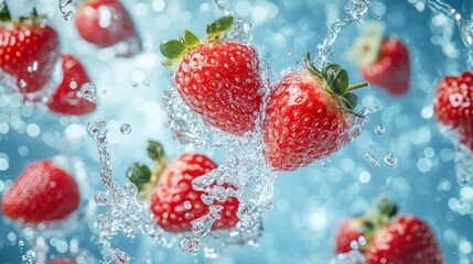 Fresh Strawberries Splashing in Water with a Blue Background