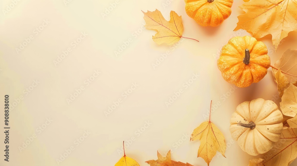 Wall mural Autumnal scene with pumpkins and leaves on a beige background.