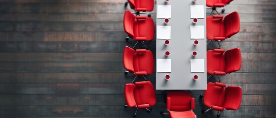 Modern conference room with red chairs around a long white table, ideal for meetings and brainstorming sessions.
