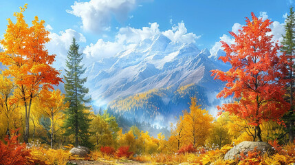Fototapeta premium A beautiful autumn landscape with mountains in the background