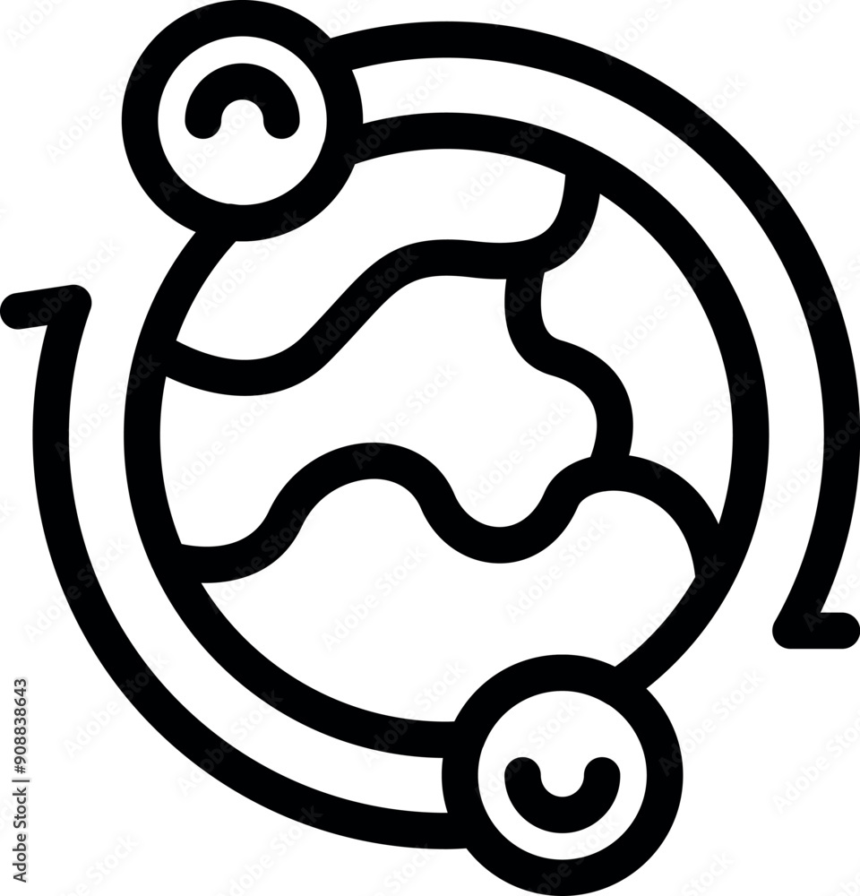 Poster simple line art icon of a globe with two chat bubbles circling it, representing global communication