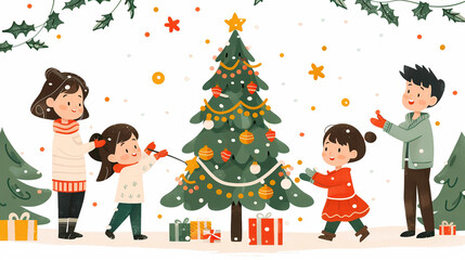 Naklejka premium A family is decorating a Christmas tree together