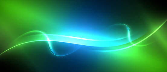 Neon glowing circle rays, light round lines in the dark, planet style neon wave lines. Energetic electric concept design for wallpaper, banner, background