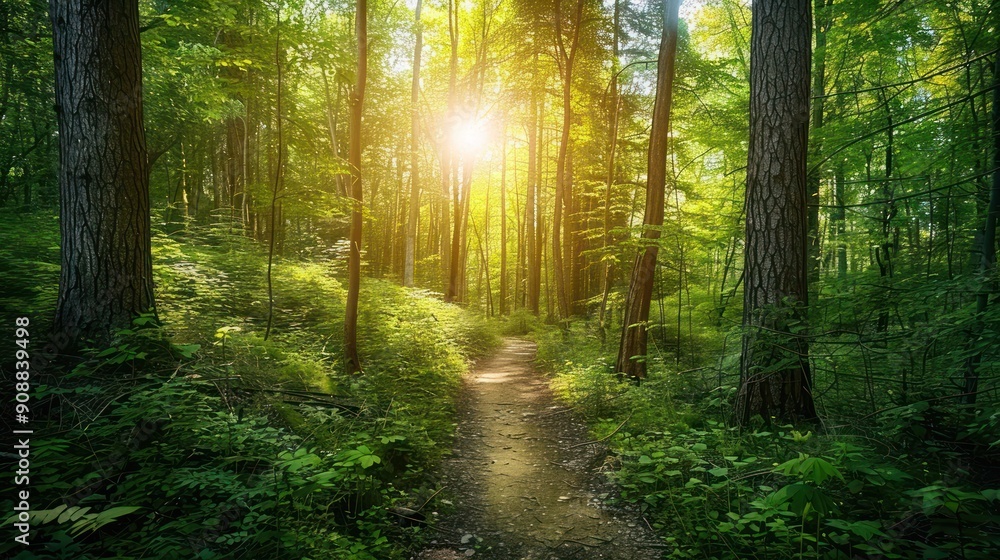 Poster sunlight filtering through a dense forest, a path winds through towering trees