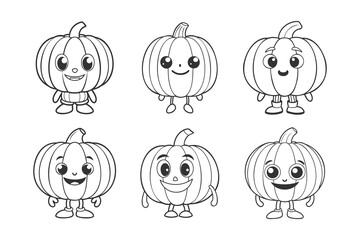 Set of cute funny pumpkin characters for coloring. Collection of pumpkins, sketch, outline drawing for coloring book