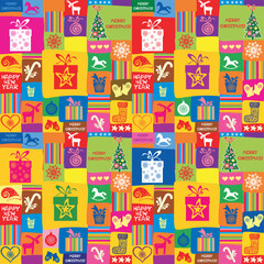 Christmas and New Year festive design with seamless pattern. Good for textile fabric design, wrapping paper, website wallpapers, textile, wallpaper and apparel. Xmas decoration. vector illustration