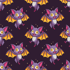 Cute seamless pattern with bat characters. Halloween background, design for children's clothing, fabrics, textiles.