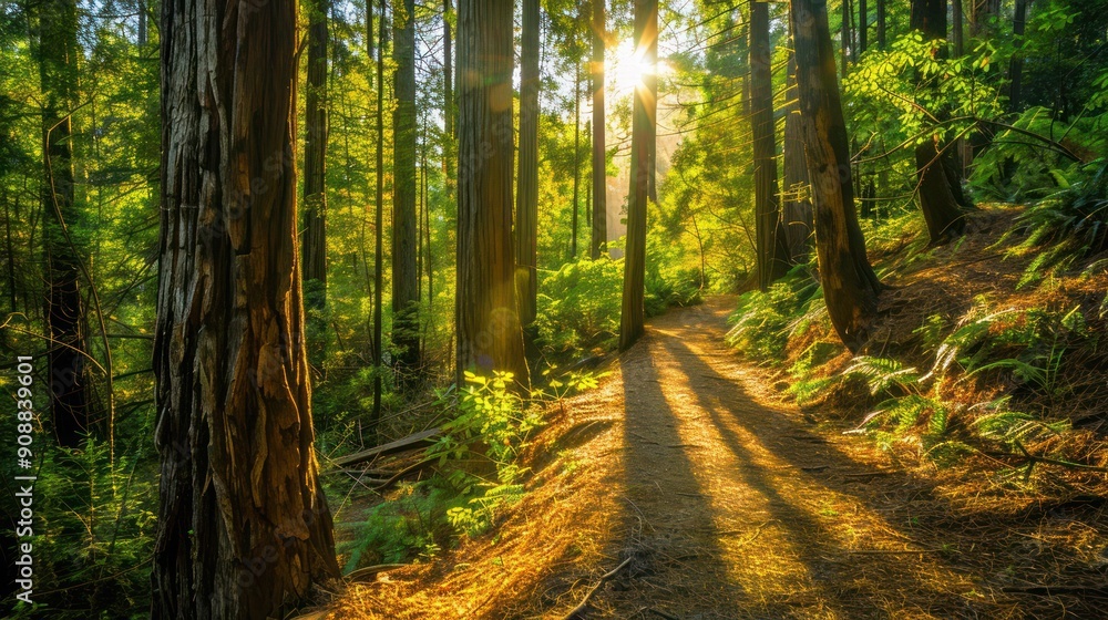 Aufkleber sunlight filtering through a dense forest, a path winds through towering trees.