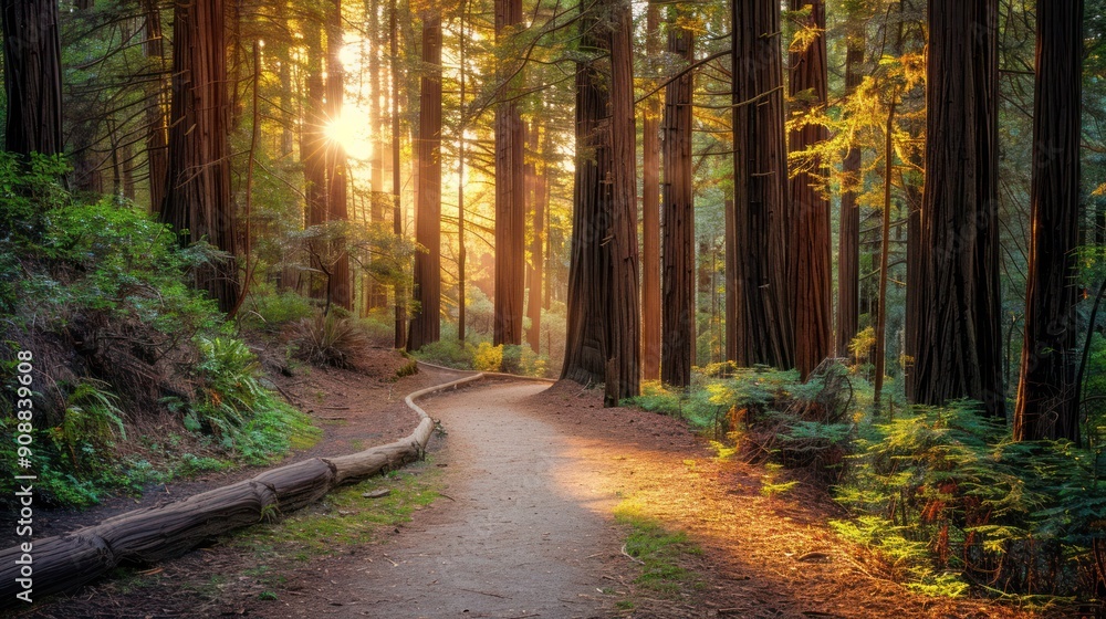Aufkleber sunlight filtering through a dense forest, a path winds through towering trees.
