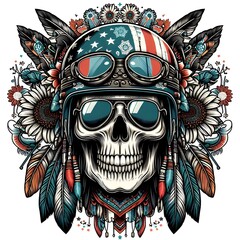 Skull with American Flag Helmet and Feathers