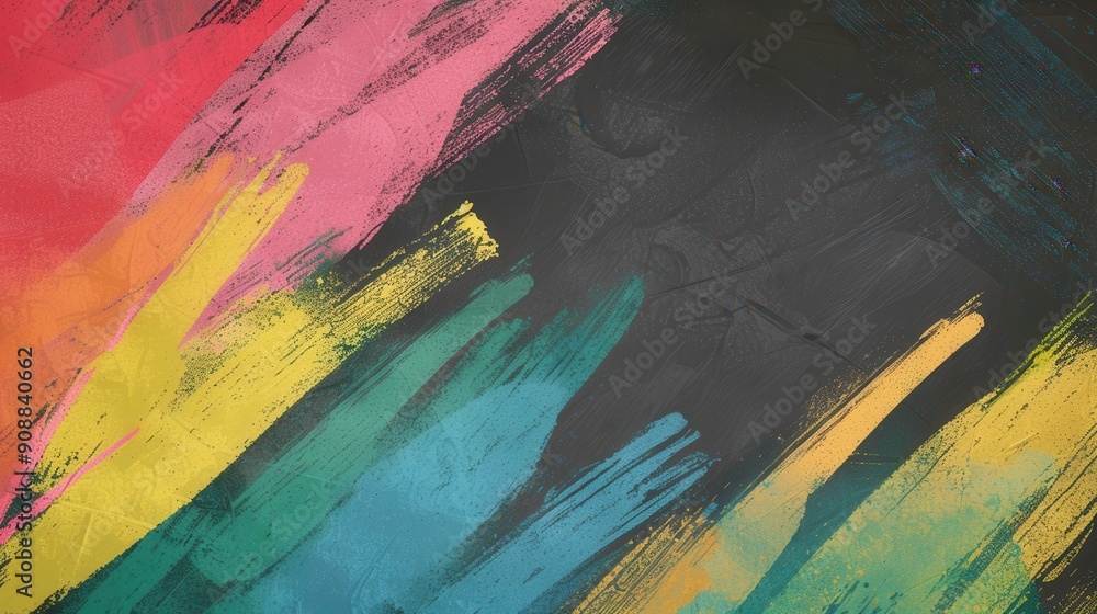Poster colorful brushstrokes adorn a dark green chalkboard, creating an engaging artistic display in a clas