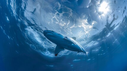 Fototapeta premium Sharks swim in the blue ocean.